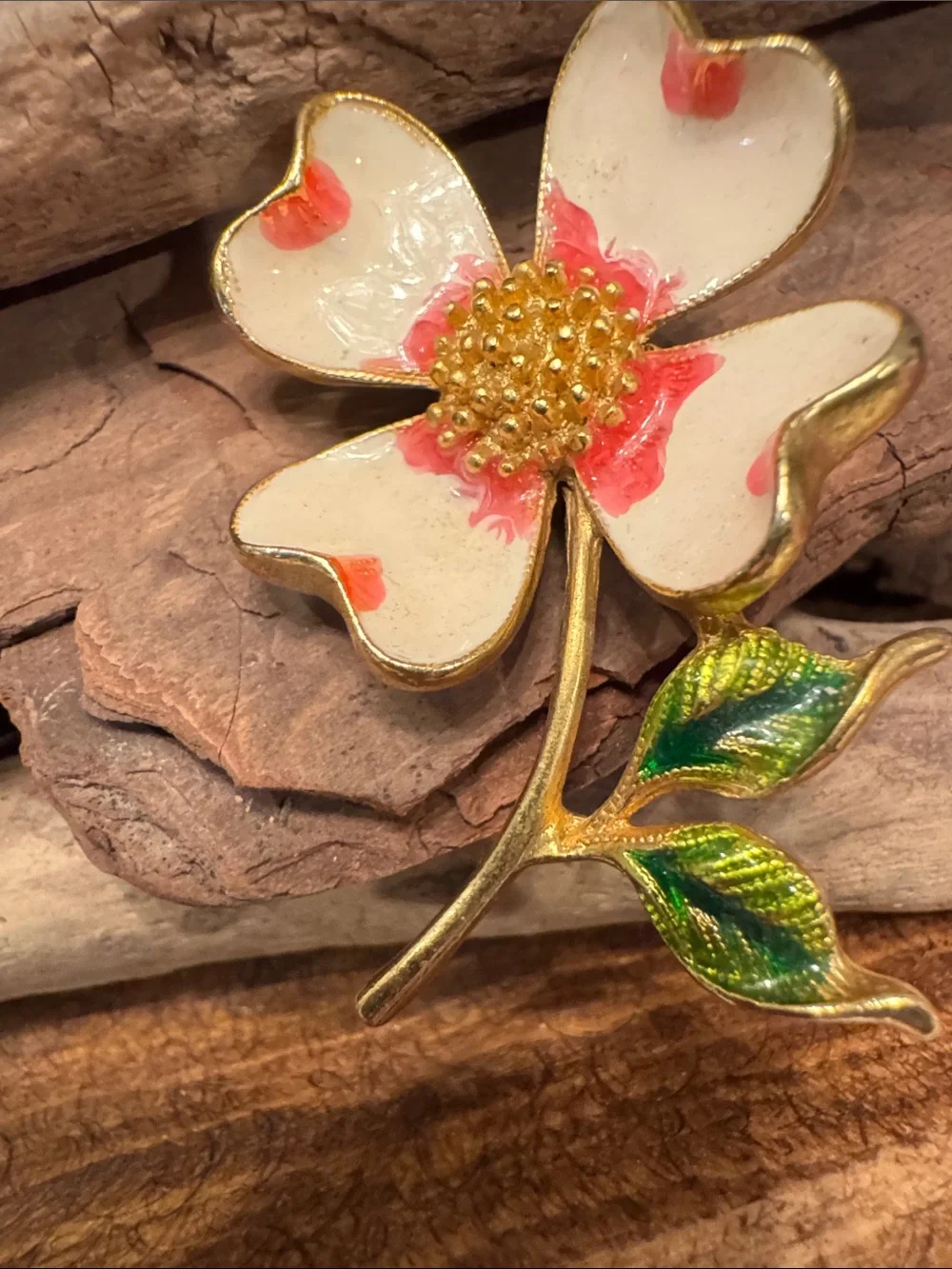 Handcrafted White and Pink Floral Enamel Brooch - Gold Tone